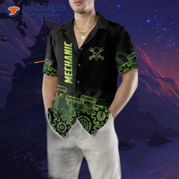 Green Steampunk Mechanic Hawaiian Shirt, Button-up Shirt For , Cool Gift