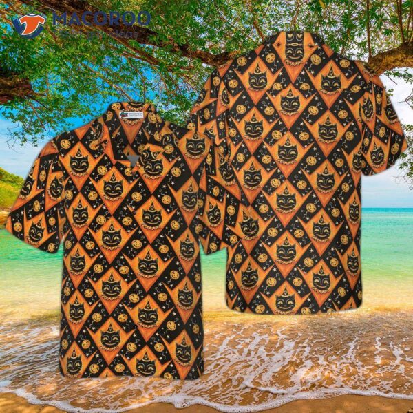 Grinning Black Cats Halloween Hawaiian Shirt For , And Pumpkin Orange Harlequin Pattern