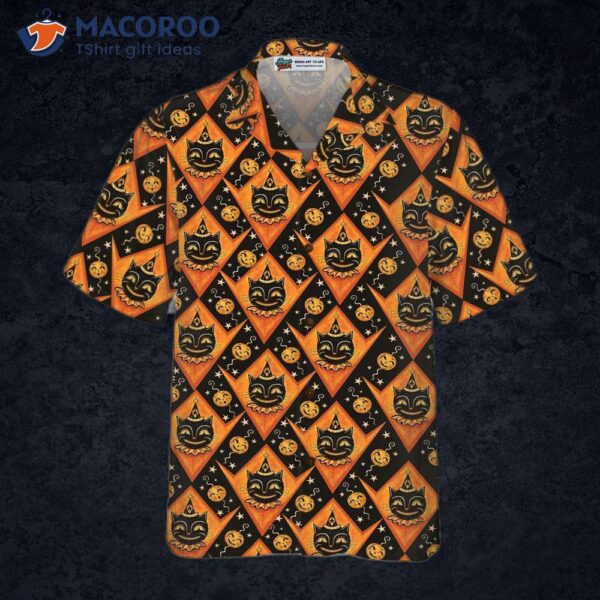 Grinning Black Cats Halloween Hawaiian Shirt For , And Pumpkin Orange Harlequin Pattern