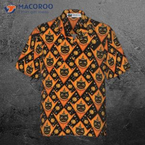 grinning black cats halloween hawaiian shirt for and pumpkin orange harlequin pattern 2