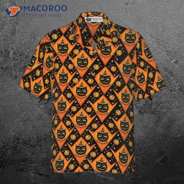 Grinning Black Cats Halloween Hawaiian Shirt For , And Pumpkin Orange Harlequin Pattern