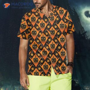 grinning black cats halloween hawaiian shirt for and pumpkin orange harlequin pattern 7