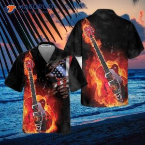 Guitar On Fire Hawaiian Shirt With American Flag Design