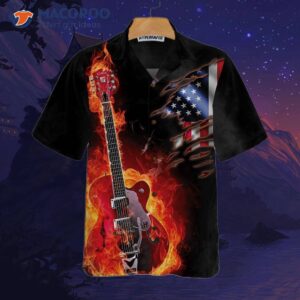 guitar on fire hawaiian shirt with american flag design 2