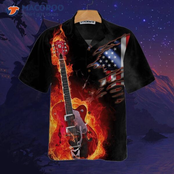 Guitar On Fire Hawaiian Shirt With American Flag Design