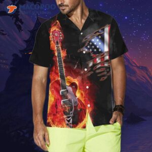 guitar on fire hawaiian shirt with american flag design 3