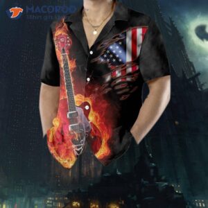 guitar on fire hawaiian shirt with american flag design 4