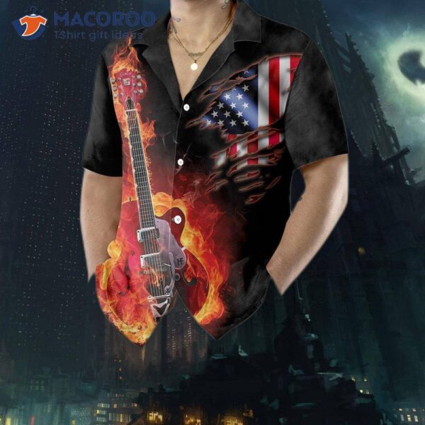 Guitar On Fire Hawaiian Shirt With American Flag Design