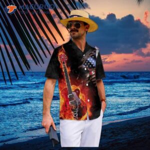 guitar on fire hawaiian shirt with american flag design 5