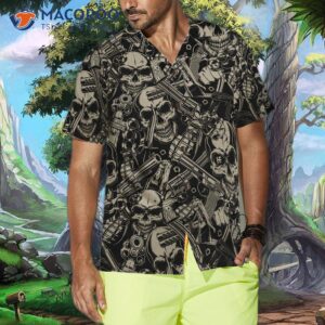 guns and skulls pattern hawaiian shirt 3