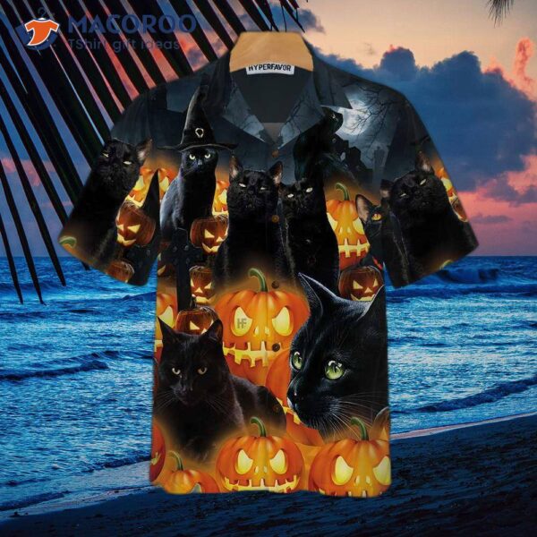 Halloween Black Cat And Pumpkin Hawaiian Shirt, Spooky Shirt For