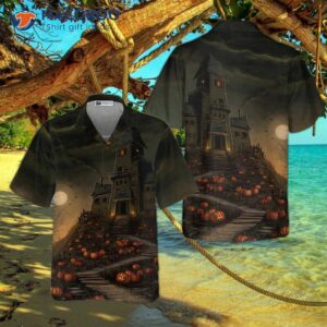 Halloween Haunted House On The Hill With Pumpkin Hawaiian Shirt And Full Moon Jack-o’-lantern For