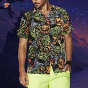 halloween monster hawaiian shirt for featuring rip grave board frankenstein and jack o lantern pumpkin designs 0