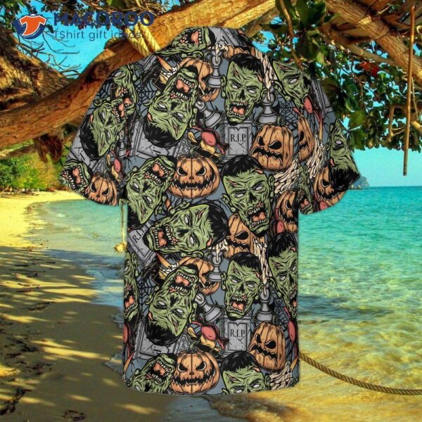 Halloween Monster Hawaiian Shirt For , Featuring Rip Grave Board Frankenstein And Jack-o’-lantern Pumpkin Designs.