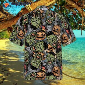 halloween monster hawaiian shirt for featuring rip grave board frankenstein and jack o lantern pumpkin designs 2