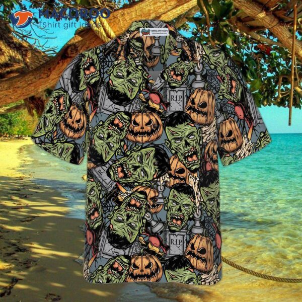 Halloween Monster Hawaiian Shirt For , Featuring Rip Grave Board Frankenstein And Jack-o’-lantern Pumpkin Designs.