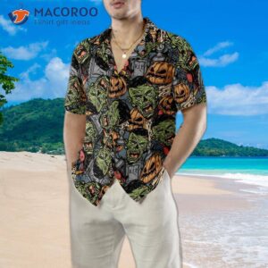 halloween monster hawaiian shirt for featuring rip grave board frankenstein and jack o lantern pumpkin designs 3