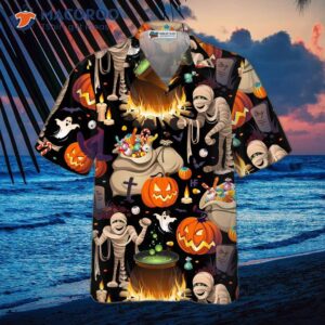 halloween mummy and bags of sweets hawaiian shirt 1