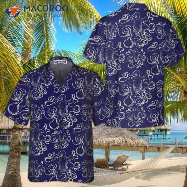 Hand-drawn Octopus Hawaiian Shirt, Unique Navy Shirt For And