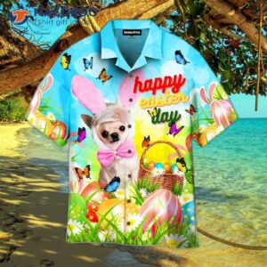 Happy Easter, Bunny Chihuahua Dog Lovers! Easter Eggs In Pink, Blue, And Yellow Hawaiian Shirts.