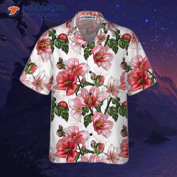 Hibiscus With Ladybug Seamless Pattern Hawaiian Shirt, Short-sleeve Red Shirt