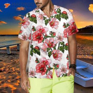 hibiscus with ladybug seamless pattern hawaiian shirt short sleeve red shirt 3