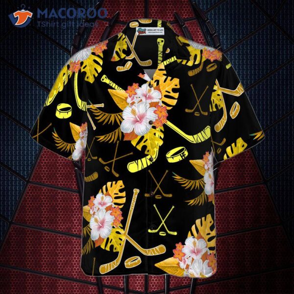 Hockey Tropical Black And Yellow Hawaiian Shirt