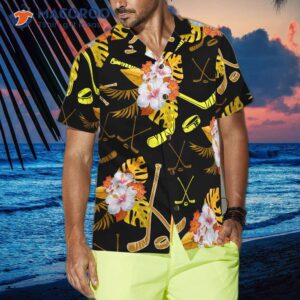 hockey tropical black and yellow hawaiian shirt 3