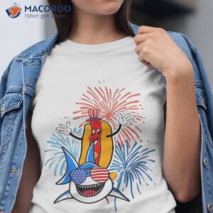 hotdog riding shark with american flag 4th of july funny shirt tshirt