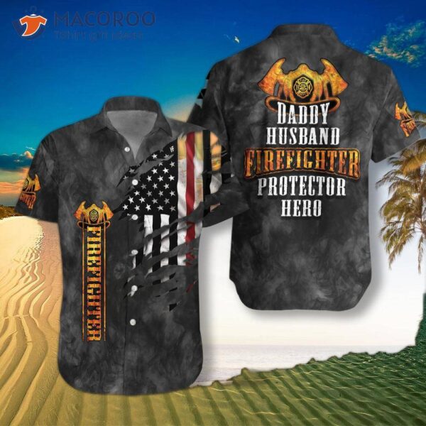 Husband, Daddy, Firefighter, Protector, Hero – Firefighter Hawaiian Shirt And Black Ripped American Flag For