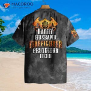 husband daddy firefighter protector hero firefighter hawaiian shirt and black ripped american flag for 1