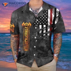 husband daddy firefighter protector hero firefighter hawaiian shirt and black ripped american flag for 3