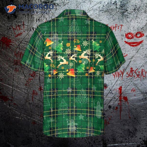 Hyper-fashionable Christmas Hawaiian Shirts For And , Reindeer Green Plaid Pattern Shirt Button-down Short Sleeve