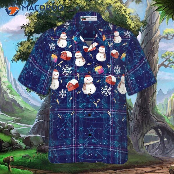 Hyper-fashionable Christmas Hawaiian Shirts, Snowman Dark Blue Plaid Pattern Shirt Short Sleeve, Idea Gift For And