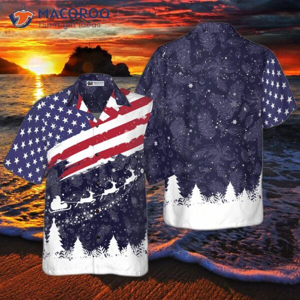 Hyperfavor Christmas Hawaiian Shirts, Merry Usa Flag Pattern Shirt Short Sleeve, Idea Gift For And
