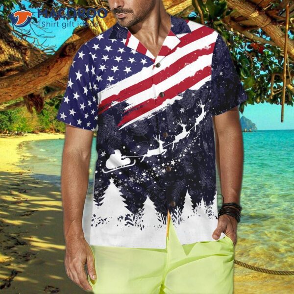 Hyperfavor Christmas Hawaiian Shirts, Merry Usa Flag Pattern Shirt Short Sleeve, Idea Gift For And