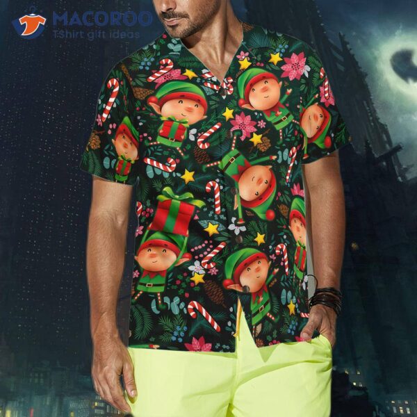 Hyperfavor Christmas Hawaiian Shirts, The Elf With A Dark Green Pattern Shirt Short Sleeve, Is An Ideal Gift For And .