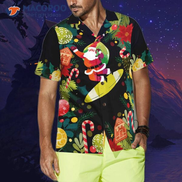 Hyperfavor Christmas Santa Surfing Hawaiian Short Sleeve Button Down Shirt For And