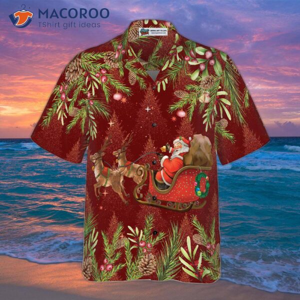 Hyperfavor Santa Riding Sleigh 2 Pattern Hawaiian Shirt, Christmas Short Sleeve Button Down Shirt For And