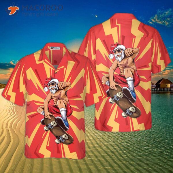 Hyperfavored Christmas Hawaiian Shirts For And , Santa Skateboarder Shirt Button-down Short Sleeve