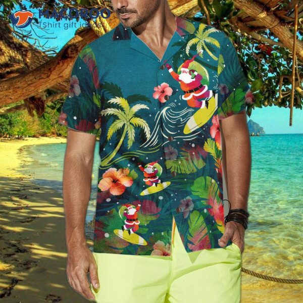 Hyperfavored Christmas Hawaiian Shirts For And , Santa Surfing Tropical Button-down Shirt Short Sleeve