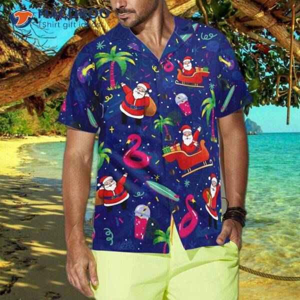 Hyperfavored Christmas Hawaiian Shirts, Santa Flamingo Tropical Pattern Shirt Short Sleeve, Idea Gift For And