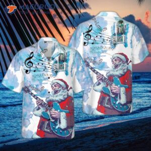 Hyperfavored Christmas Hawaiian Shirts, Santa Guitar Music Pattern Shirt Short Sleeve, Idea Gift For And