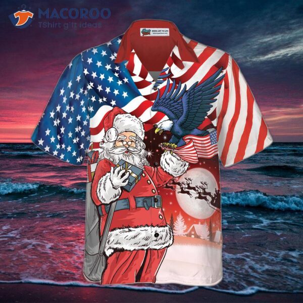 Hyperfavorite Christmas Hawaiian Shirts, Eagle Perched On Santa’s Hand With American Flag Background Shirt Short Sleeve, Idea Gift For And