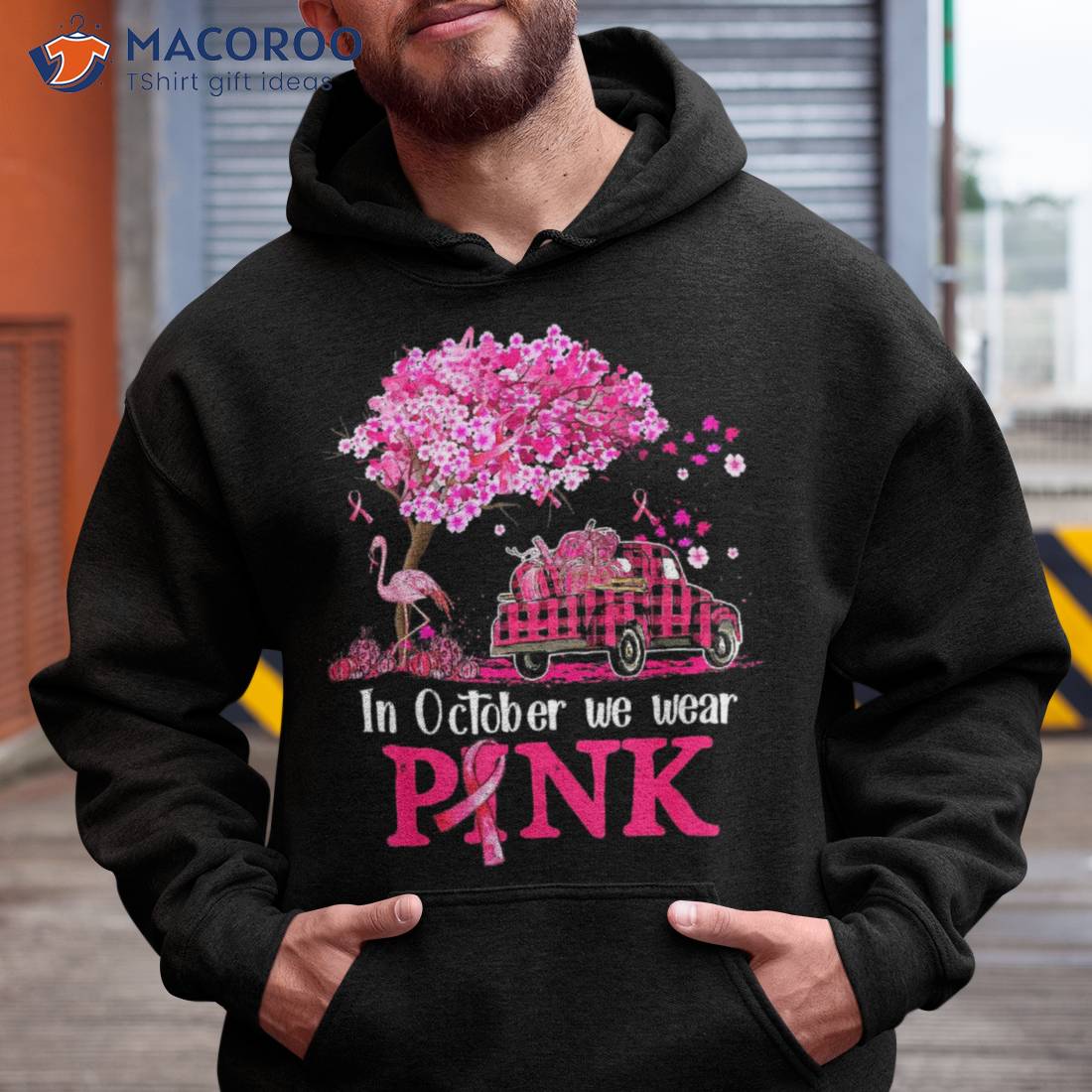In October We Wear Pink Truck Flamingo Autumn Breast Cancer Shirt Hoodie