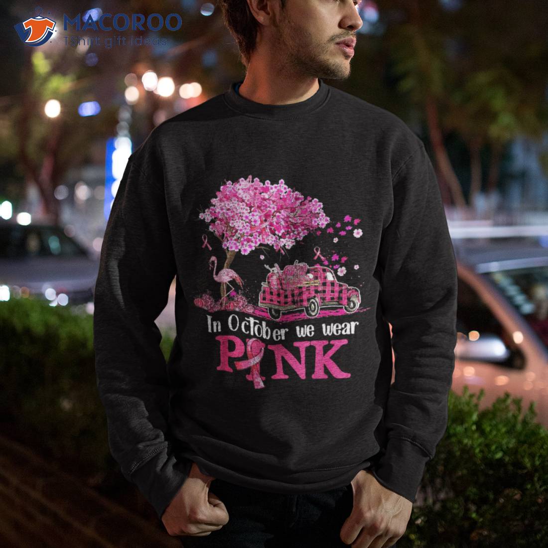 In October We Wear Pink Truck Flamingo Autumn Breast Cancer Shirt Sweatshirt
