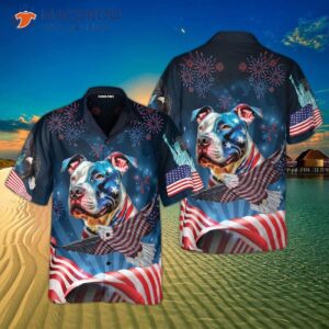 Independence Day 4th Of July Outfit For A Pitbull Dog: American Flag And Hawaiian Shirts.