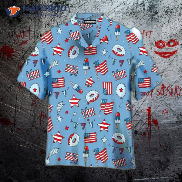 Independence Day Fourth Of July Party Donuts American Flag Ice Cream Pattern Hawaiian Shirts