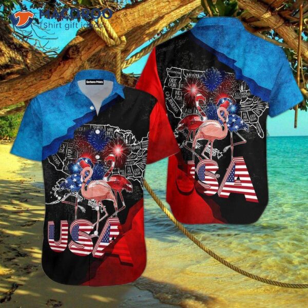 Independence Day, The Fourth Of July, Stork And American Flag, Flamingo Fireworks, Blue Black Hawaiian Shirts.