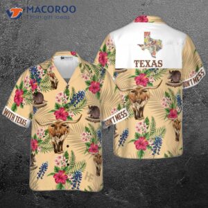 Insignia Bluebonnet Texas Hawaiian Shirt, White Back Cream Version, “don’t Mess With Texas” Armadillo And Longhorn, Home Shirt For